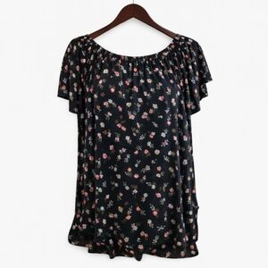 White Birch Black Dark Floral Peasant Blouse Plus Sz 1X